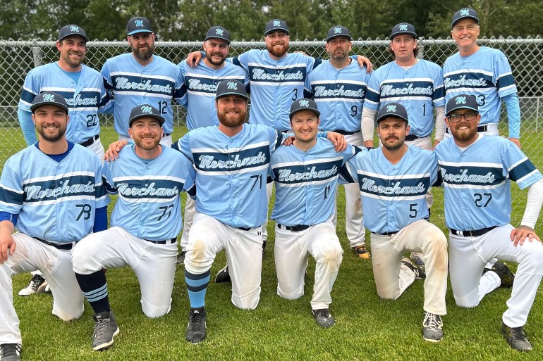 The Yellowknife Merchants. Back row from left: Brian Couvrette, Steve Thomas, Garrett Hinchey, Chad Hinchey, Ryan Nichols, Andy Williams, Brent Hinchey (coach). Front: Trent Dundas, Ryan Theil, Devin Hinchey, Devin Case, John White, Ryan Simpson. Photo submitted by Garrett Hinchey