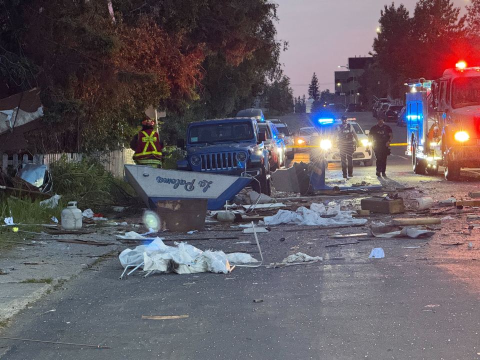 Debris in the street after an apparent explosion in the early hours of Canada Day, 2025. Ollie Williams/Cabin Radio