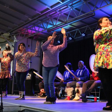 Inuvik Drummers and Dancers at the 2025 Great Northern Arts Festival. Serra Hamilton/Cabin Radio