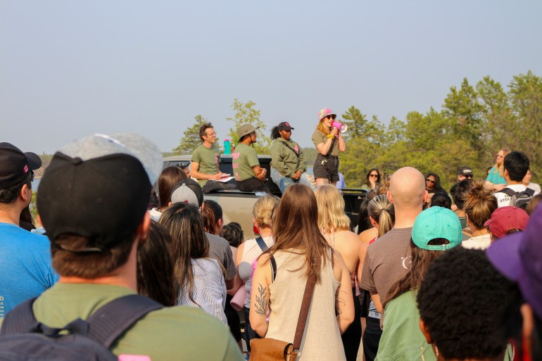 Folk on the Rocks staff leading the 2025 volunteer orientation. Serra Hamilton/Cabin Radio