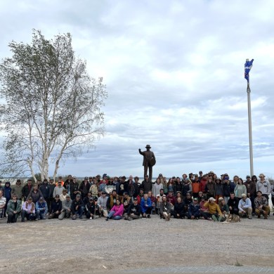 A group photo at a reforestation project celebration in Behchokǫ̀ in 2025. Emily Blake/Cabin Radio