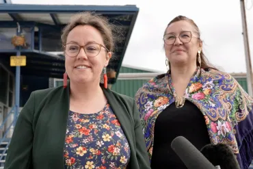Crown-Indigenous relations minister Rebecca Alty, left, with Indigenous services minister Mandy Gull-Masty in Inuvik. Karli Zschogner for Cabin Radio