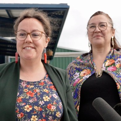 Crown-Indigenous relations minister Rebecca Alty, left, with Indigenous services minister Mandy Gull-Masty in Inuvik. Karli Zschogner for Cabin Radio