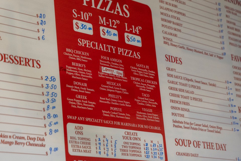 Berro's had renamed its meatiest pizza the "Carney-vore." After some discussion, Carney – who worried all the meat would send him to sleep – ordered it. Ollie Williams/Cabin Radio