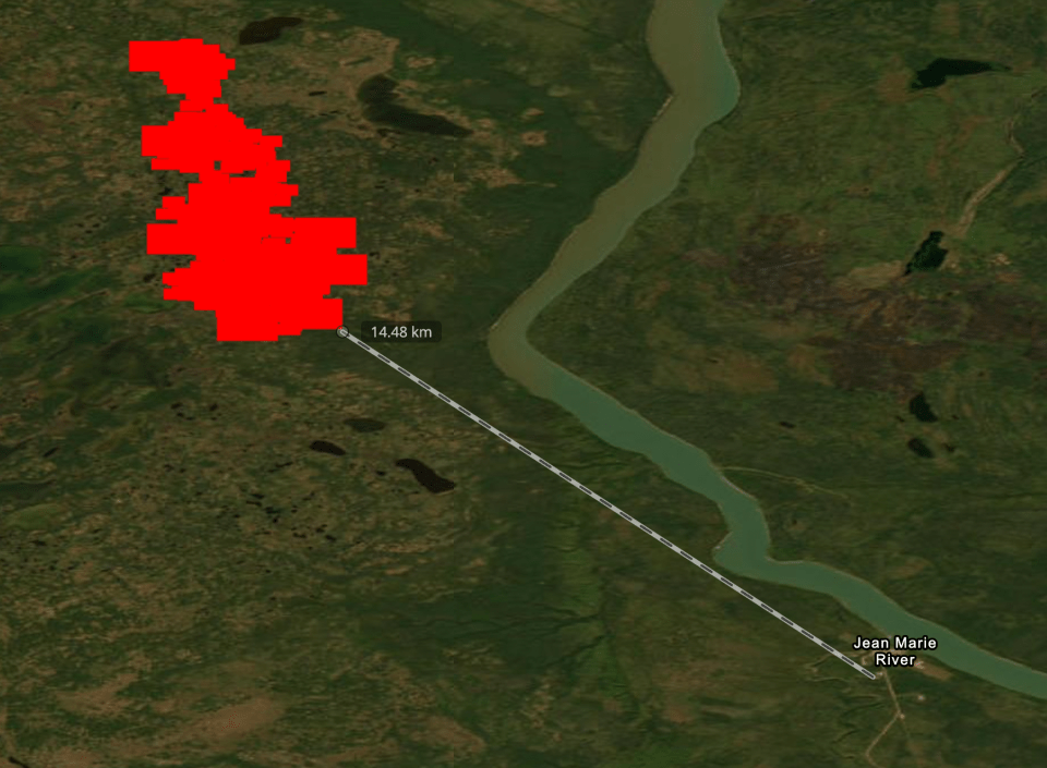 A map from hotspot tracking website Firms shows fire activity near Jean Marie River as of the afternoon of July 27.