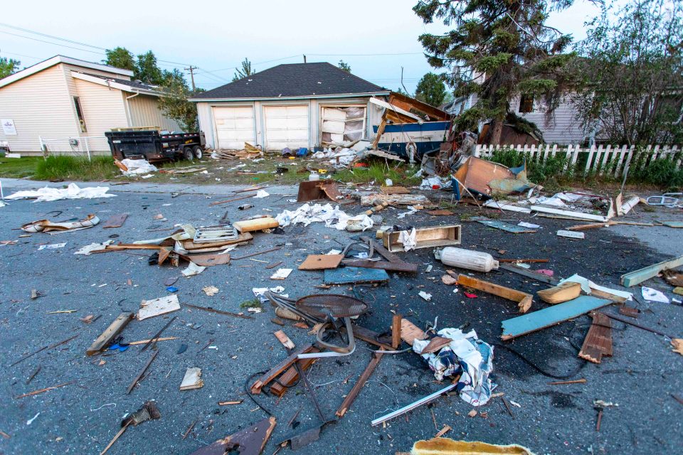 Wreckage strewn across 54 Street after an explosion early on July 1, 2025. Photo: Bill Braden