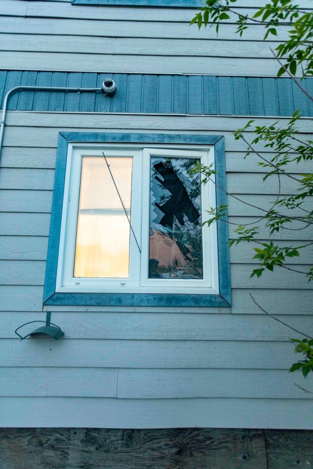 Damage to a window across the street from the explosion. Photo: Bill Braden