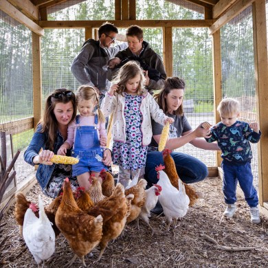 Families inside the Hay River coop. Back, standing: Darryl Buhler (left), Rozalind Buhler and Alex Petras. Front from left: Joann Petras, Ivy Petras, Adelaide Buhler, Megan Buhler and Louis Buhler. Ollie Williams/Cabin Radio