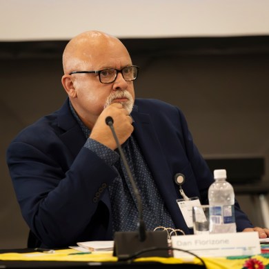 Dan Florizone, the NWT health authority's public administrator, at its annual meeting in August 2025. Ollie Williams/Cabin Radio