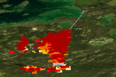 A screengrab of the Firms satellite hotspot mapping service shows fire activity southwest of Whatì as of August 27, 2025.