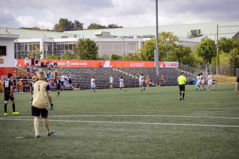 Mo Alhajjy scored a contender for goal of the tournament and possibly the NWT's greatest ever Canada Games goal – the only time his team found the net that week. Here, the team celebrates with fans at the King George V Stadium in St John's.