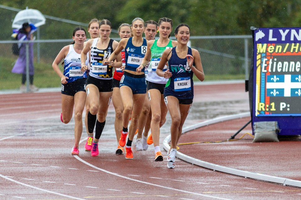 Solenn Kikoak leads her women's 1500m heat on lap one at the Canada Games track in St John's. Ollie Williams/Team NT