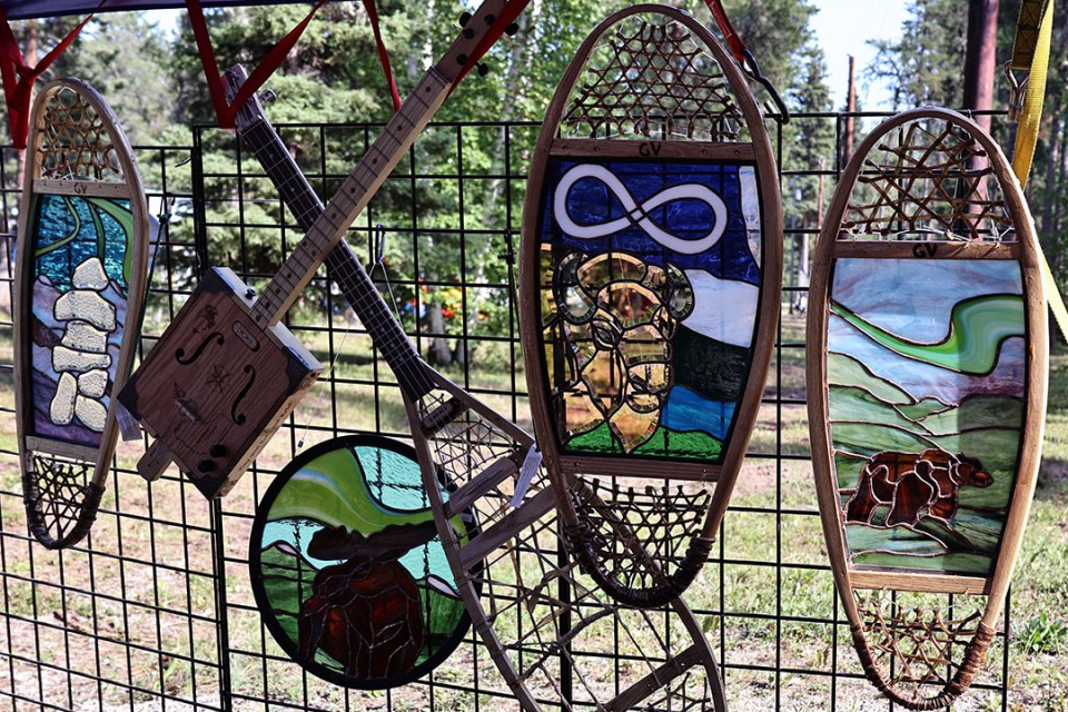 Snowshoes filled with stained glass designs