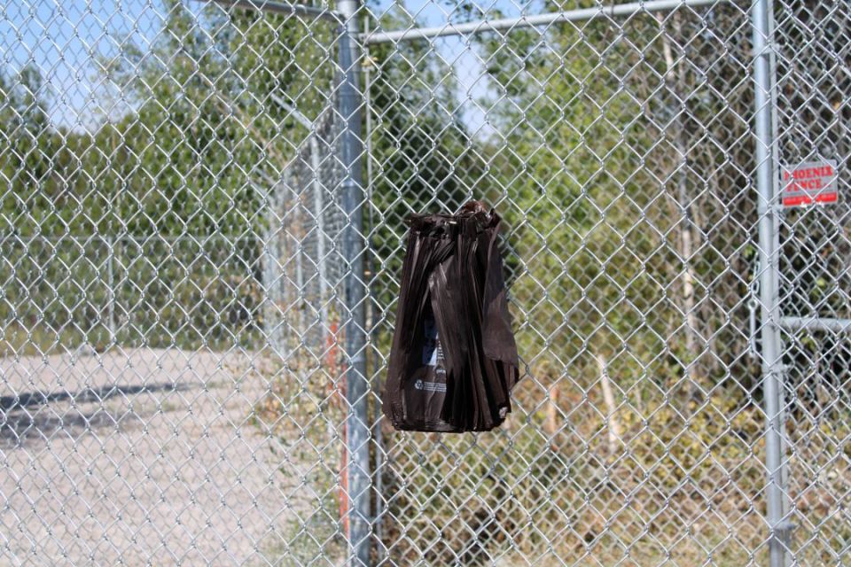 Doggie bags hung on the fence at the dog park. Sara Verheul/cabin Radio