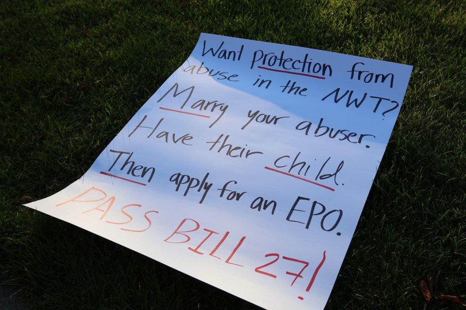 Molly Gillard's sign. Jasmine Nasogaluak/Cabin Radio