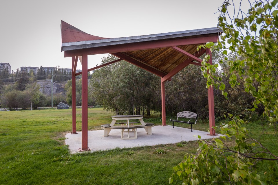 A bench beneath a Rotary Park gazebo will be dedicated to Tony Whitford. Ollie Williams/Cabin Radio