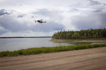 A drone in Fort Providence in May 2024. Emily Blake/Cabin Radio