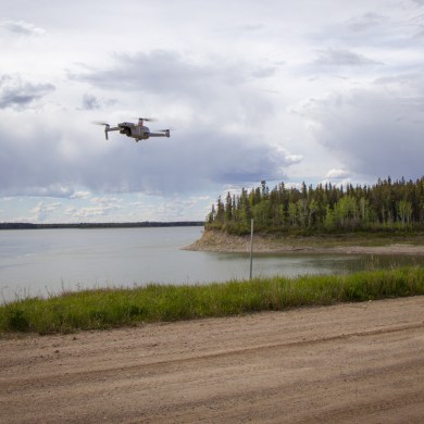 A drone in Fort Providence in May 2024. Emily Blake/Cabin Radio