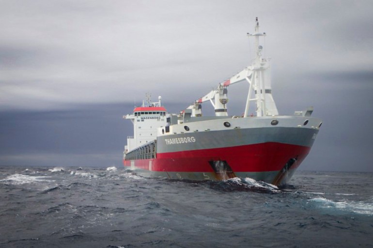 A Canadian Coast Guard image of the Thamesborg container ship aground in the Franklin Strait on September 8, 2025.