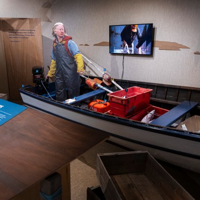 A fishing yawl at the Fish For Sale exhibit. Ollie Williams/Cabin Radio