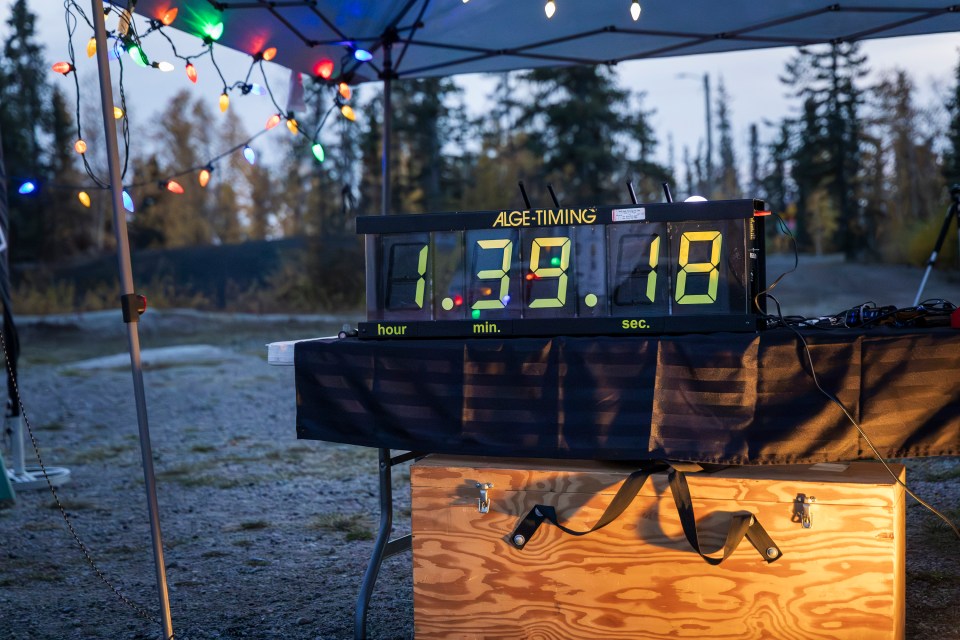 The clock at the finish line had too few digits to cope with the race. By this point, it was missing a one – the actual time was 11 hours and 39 minutes. Ollie Williams/Cabin Radio