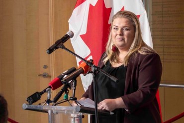 Caitlin Cleveland at a 2024 news conference. Mayuko Burla/Cabin Radio