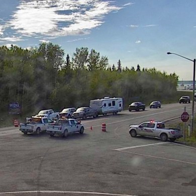 A Drive NWT webcam image shows a lineup of traffic at Fort Providence on September 4, 2025.