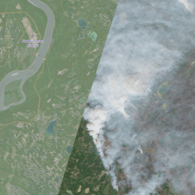 A Sentinel-2 satellite image of fire FS014 near Highway 1 on September 4, 2025.