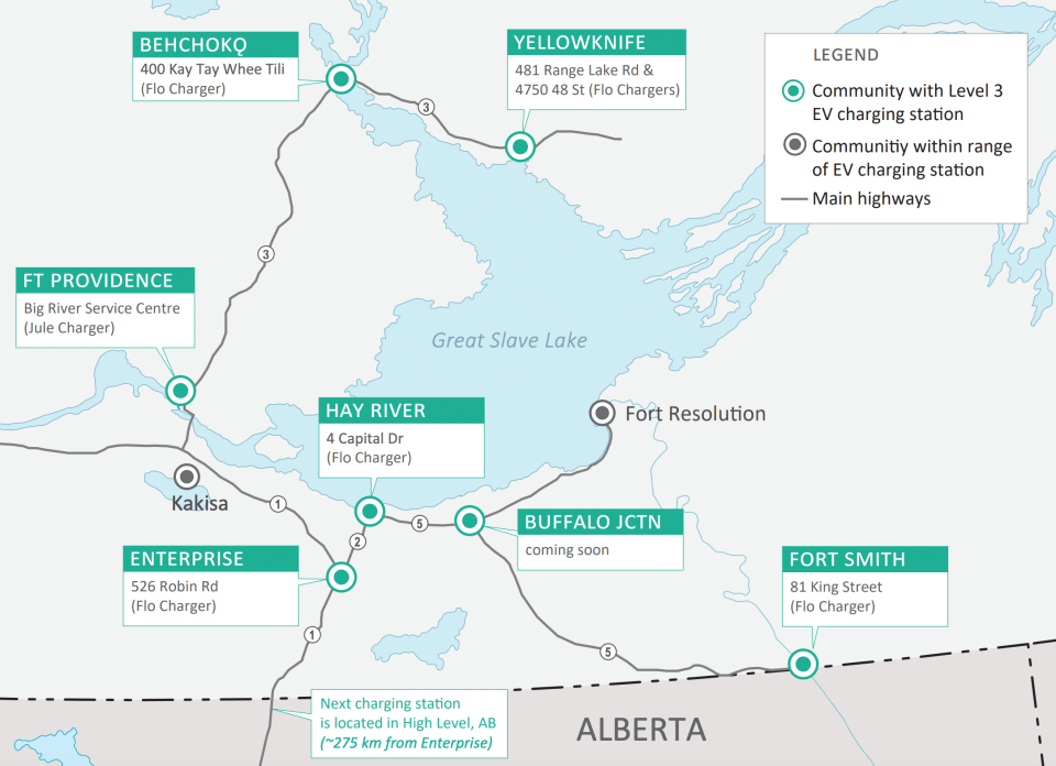 A GNWT map of the electric vehicle charging corridor between Yellowknife and Alberta as of September 2025.