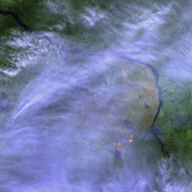 A false-colour Sentinel-2 satellite image shows hotspots from fire FS014 on September 12, 2025.