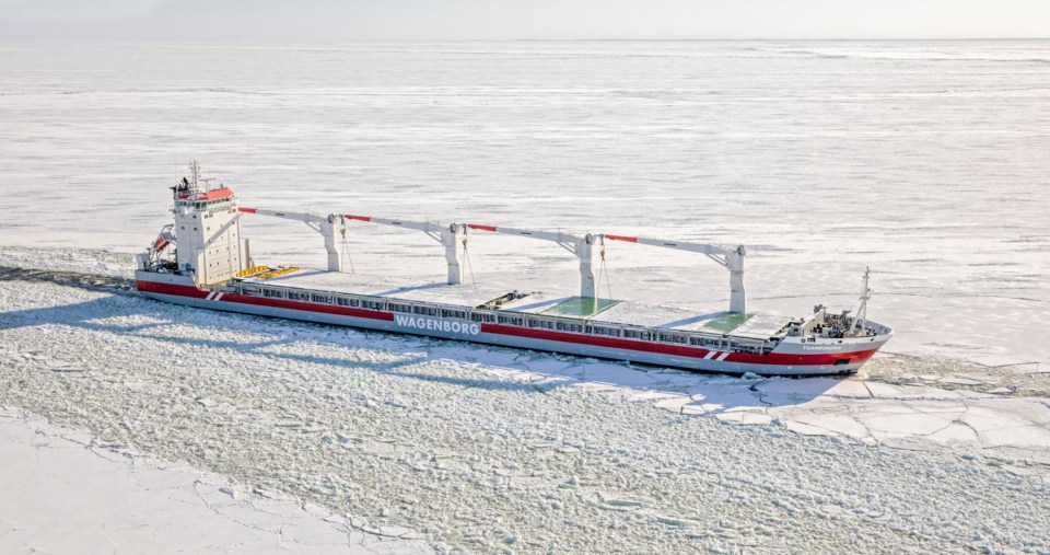 The freighter Thamesborg is seen in a photo published by its operator, Wagenborg.