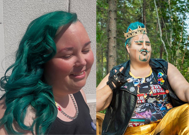 Side-by-side photos of a person with long teal hair and then with hair pinned up as a drag king.
