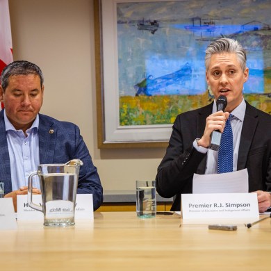 Premier RJ Simpson, right, with communities minister Vince McKay. Ollie Williams/Cabin Radio