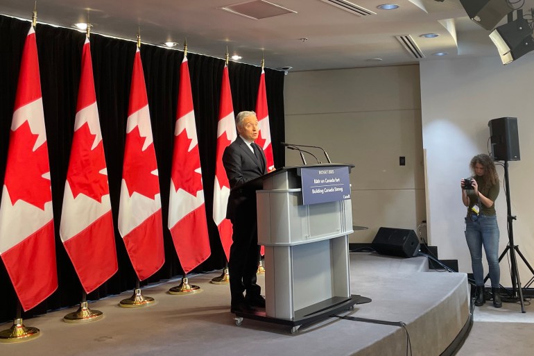 Finance minister François-Philippe Champagne speaks to reporters about the 2025 budget on November 4, 2025. Claire McFarlane/Cabin Radio