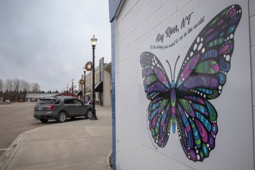 Artwork on a wall in downtown Hay River in November 2025. Ollie Williams/Cabin Radio