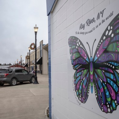 Artwork on a wall in downtown Hay River in November 2025. Ollie Williams/Cabin Radio