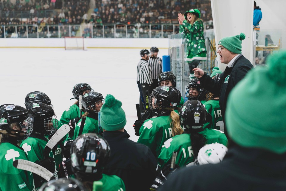 A St Pats coach gives the team a pep talk near the end of the game. Sarah Pruys/Cabin Radio