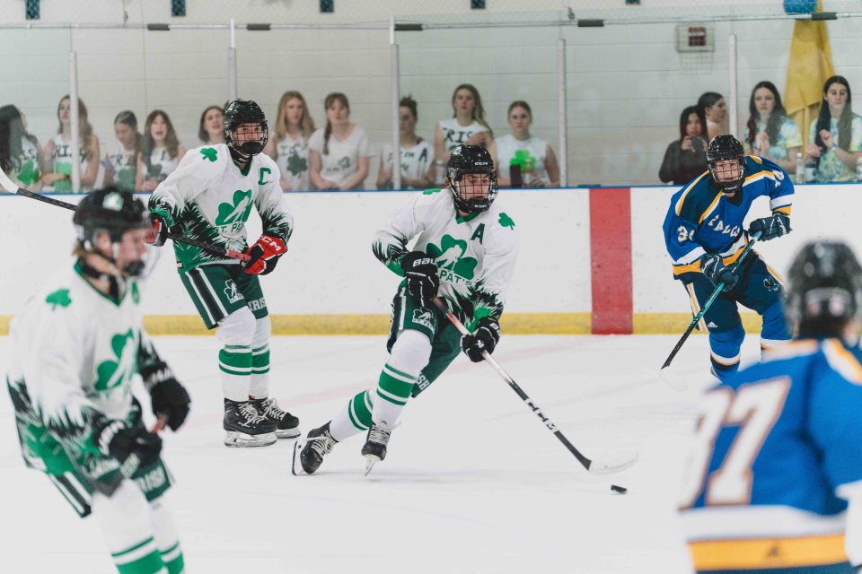 One of St Pat's assistant captains makes his way down the ice. Sarah Pruys/Cabin Radio