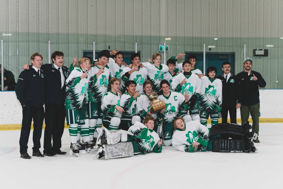 The St Pats boys team after winning in overtime. Sarah Pruys/Cabin Radio