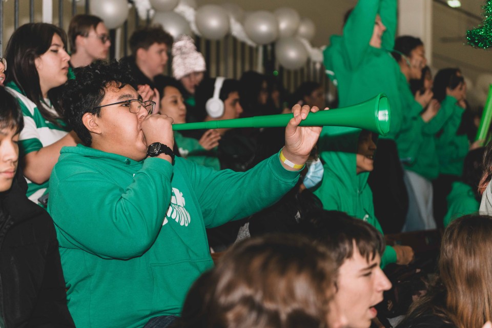 A St Pats student plays a vuvuzela. Sarah Pruys/Cabin Radio