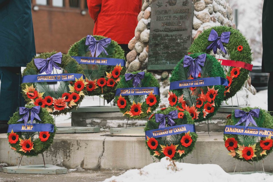 Wreaths at the Yellowknife cenotaph. Sarah Pruys/Cabin Radio