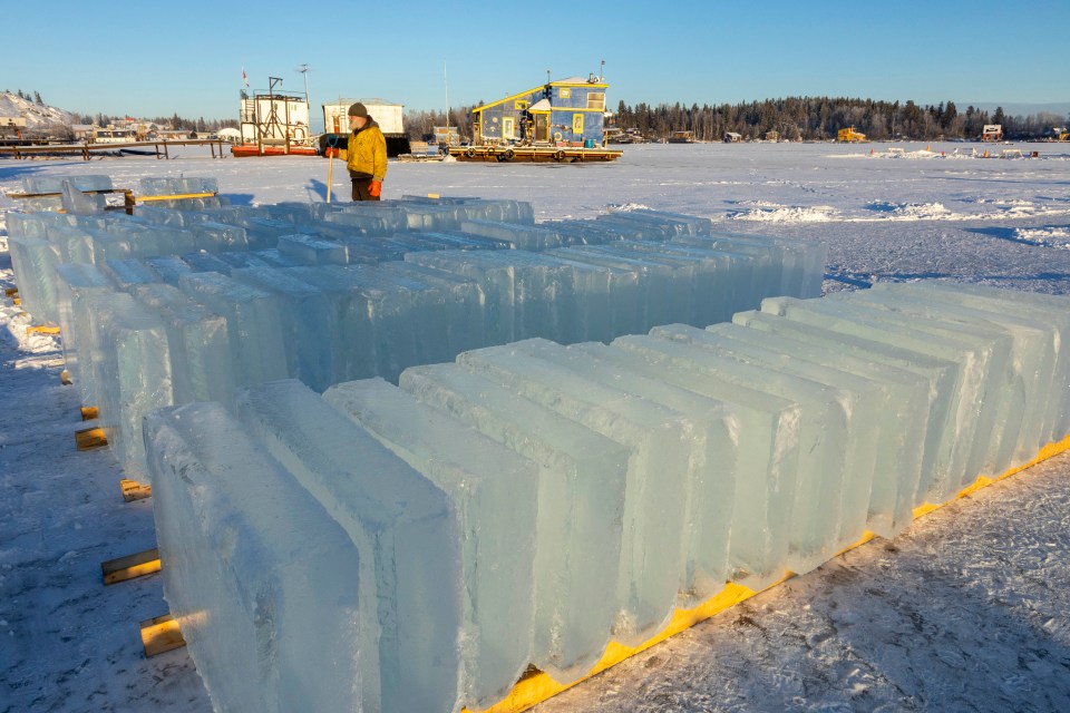 Snowking with the 114 ice blocks cut on November 22, 2025. FreezeFrame/Snowkings' Winter Festival