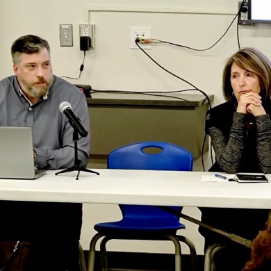 Officials including Hay River Mayor Kandis Jameson, right, hosted a public meeting about the town's water on November 6, 2025. This is a still from a live stream of the event.