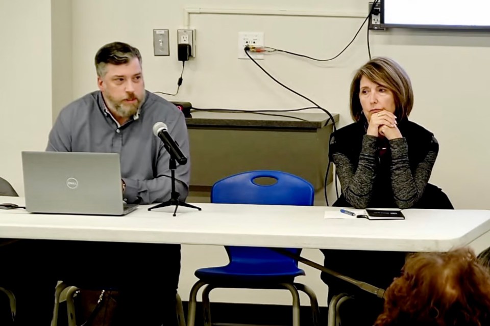 Officials including Hay River Mayor Kandis Jameson, right, hosted a public meeting about the town's water on November 6, 2025. This is a still from a live stream of the event.
