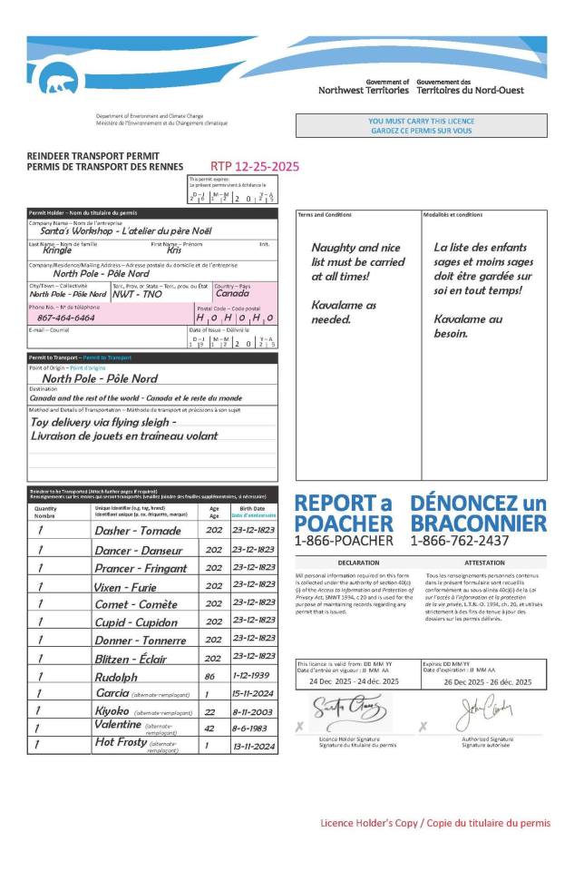 The NWT government's 2025 reindeer transport licence for Santa. Image: GNWT