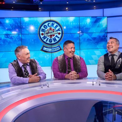 Inuktitut callers Robert Kabvitok, David Ningeongan and Pujjuut Kusugak are seen in a supplied photo.