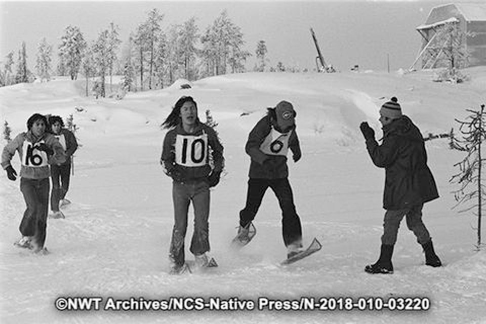Snowshoe trials in Yellowknife for the 1976 Arctic Winter Games. NWT Archives/Native Communications Society fonds - Native Press photograph collection/N-2018-010: 03220