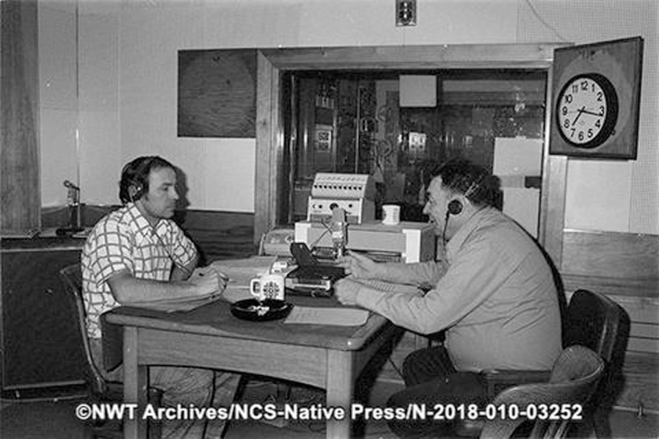 Nick Sibbeston and Joe LeMouel Sr at the CBC studios in Yellowknife. NWT Archives/Native Communications Society fonds - Native Press photograph collection/N-2018-010: 03252