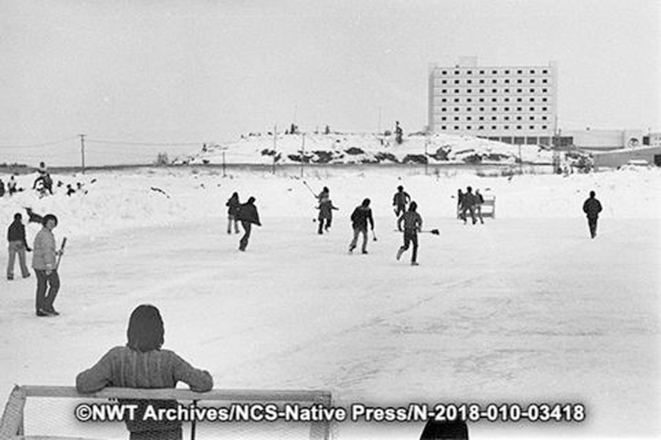 Broomball at the Caribou Carnival on Frame Lake in Yellowknife. Margaret Erasmus/NWT Archives/Native Communications Society fonds - Native Press photograph collection/N-2018-010: 03418