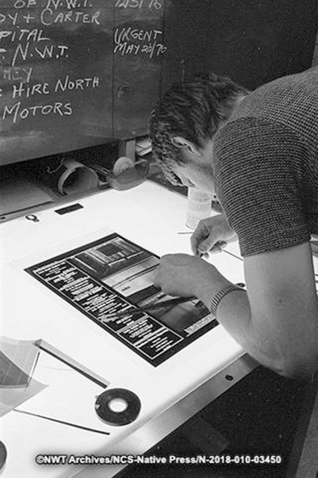 Laying out the newspaper at The Native Press. NWT Archives/Native Communications Society fonds - Native Press photograph collection/N-2018-010: 03450